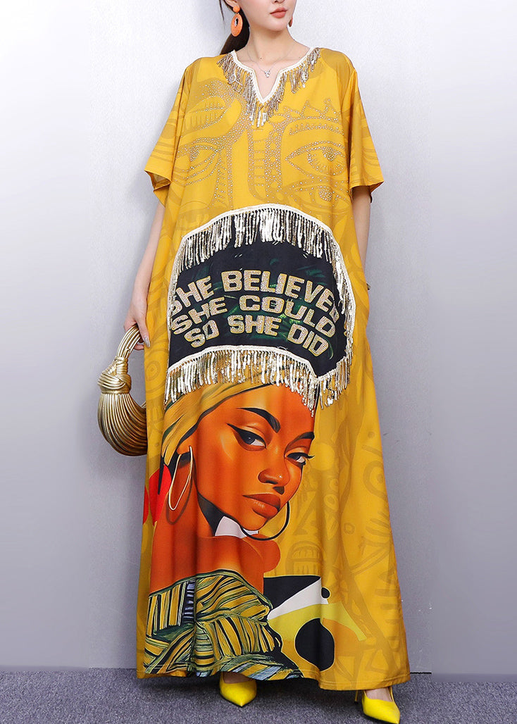 Fringe Trim Quote Graphic Portrait Print Kaftan Maxi Dress 4