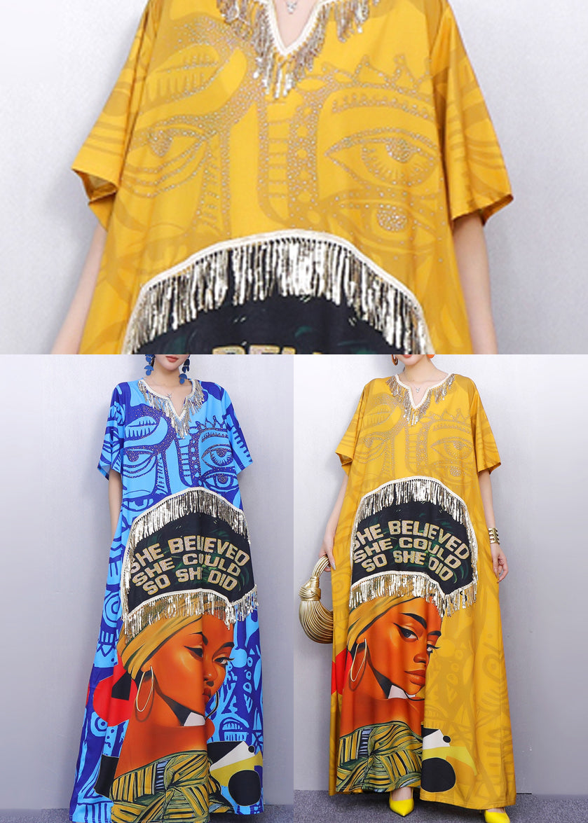 Fringe Trim Quote Graphic Portrait Print Kaftan Maxi Dress 5