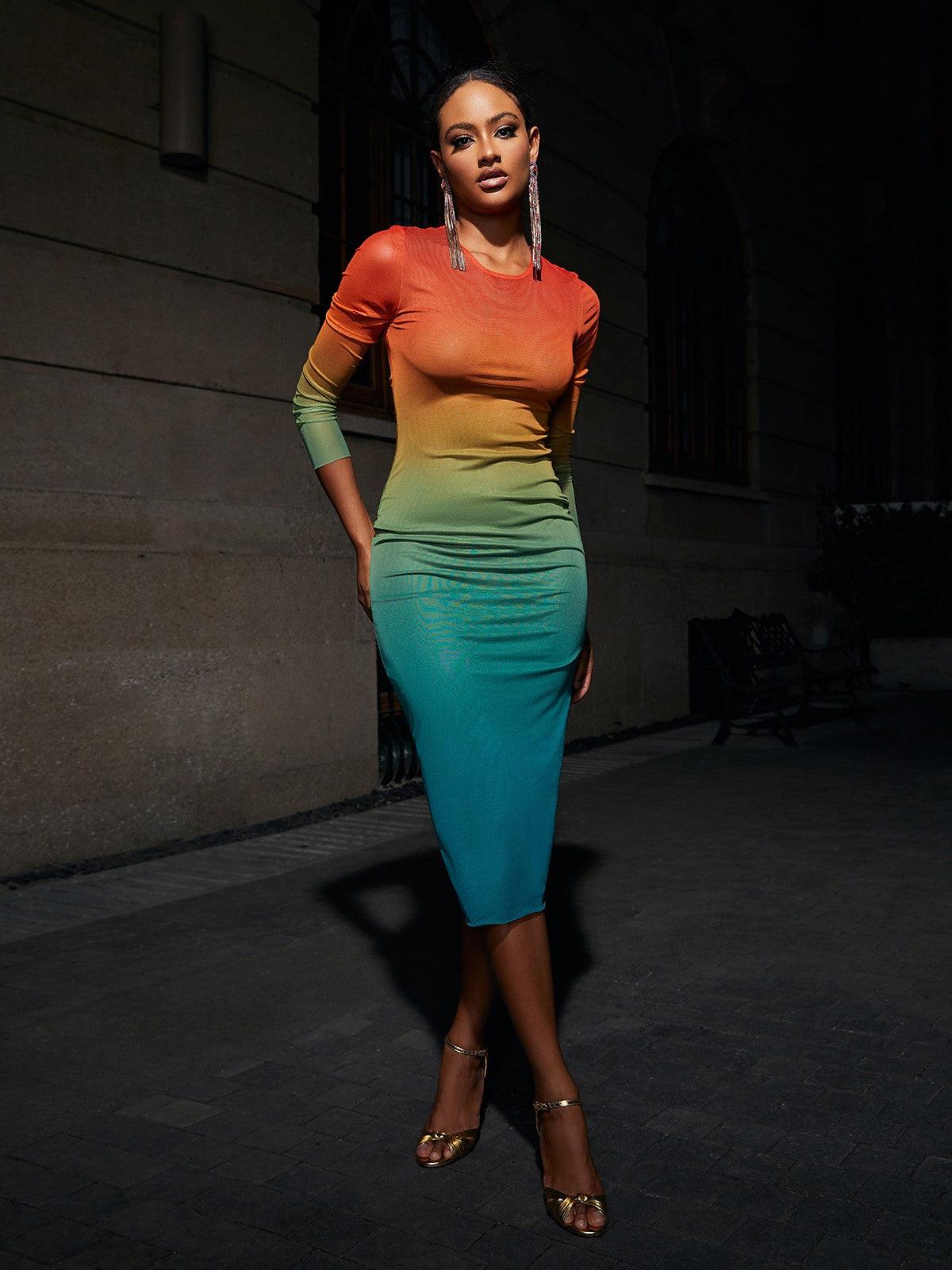 Long Sleeve Mesh Ombre Gradient Ruched Midi Dress