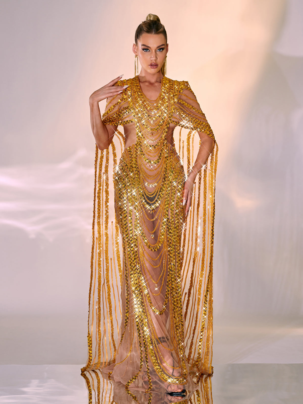 Draped Sequin Chain Mesh Cutout Cape Streamer Maxi Gown