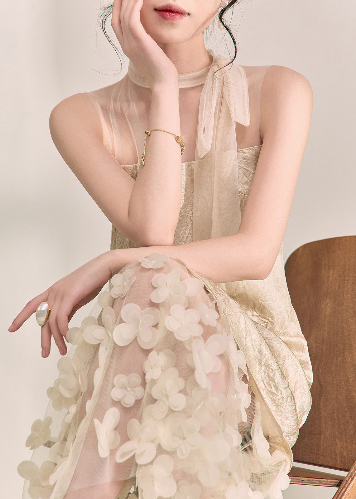 Tie-Neck Sheer Mesh 3D Floral Applique Sleeveless Midi Dress