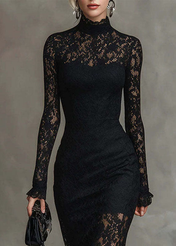 Mock Neck Sheer Yoke Ruffle Cuff Floral Lace Mermaid Midi Gown 2