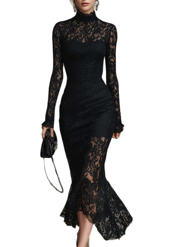 Mock Neck Sheer Yoke Ruffle Cuff Floral Lace Mermaid Midi Gown 5