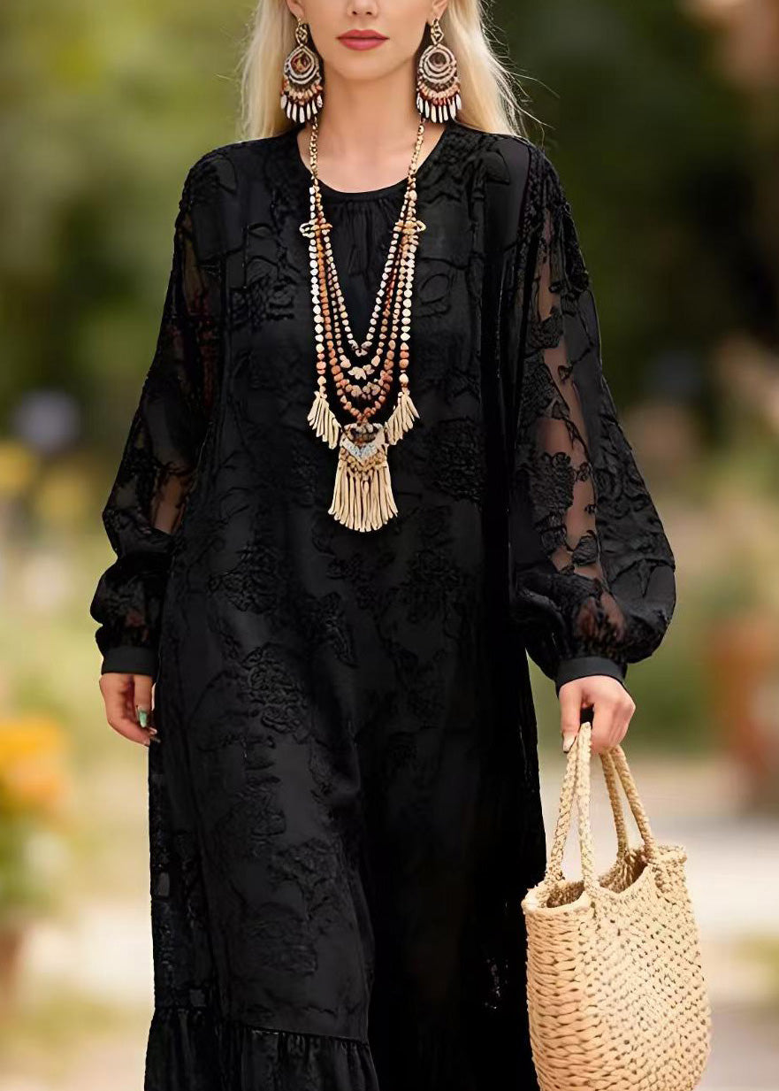 Crew Neck Burnout Floral Jacquard Balloon Sleeve Tiered Hem Maxi Dress 2