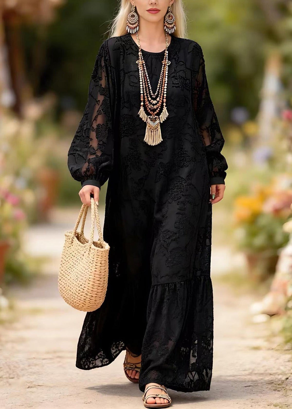 Crew Neck Burnout Floral Jacquard Balloon Sleeve Tiered Hem Maxi Dress 3
