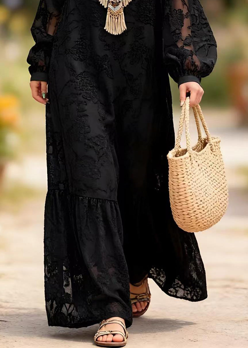 Crew Neck Burnout Floral Jacquard Balloon Sleeve Tiered Hem Maxi Dress 4