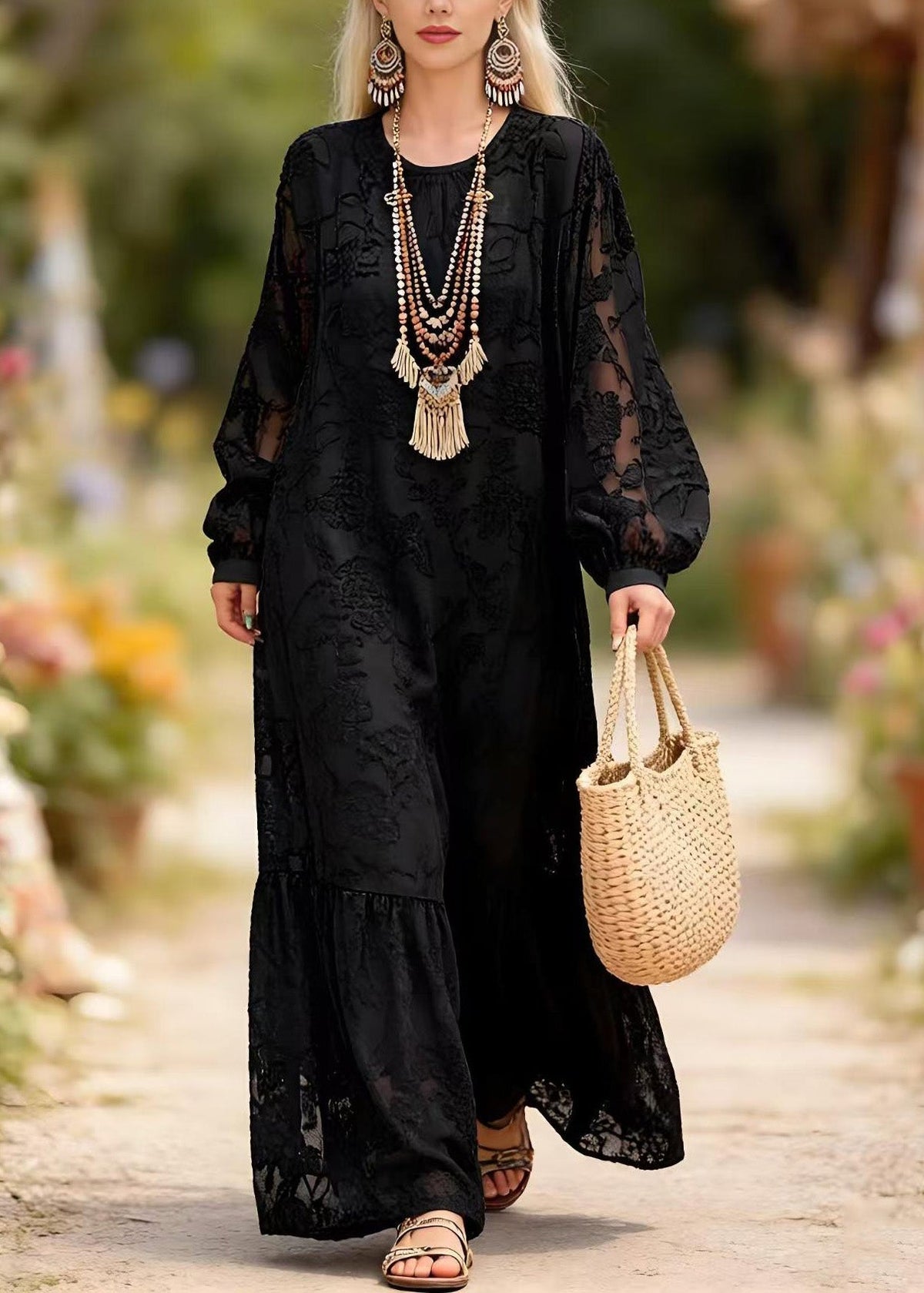 Crew Neck Burnout Floral Jacquard Balloon Sleeve Tiered Hem Maxi Dress 5