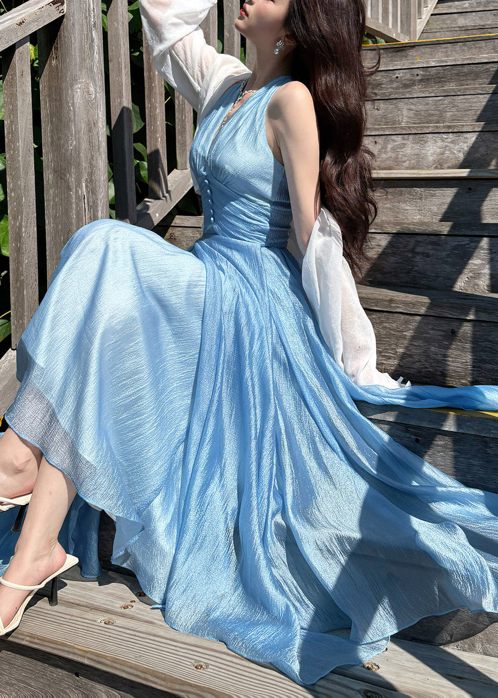 Deep V Neck Button Front Crinkle Pleat Chiffon Shrug Sleeve Maxi Dress