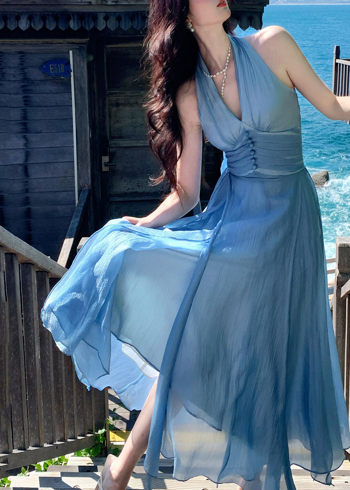 Deep V Neck Button Front Crinkle Pleat Chiffon Shrug Sleeve Maxi Dress 4