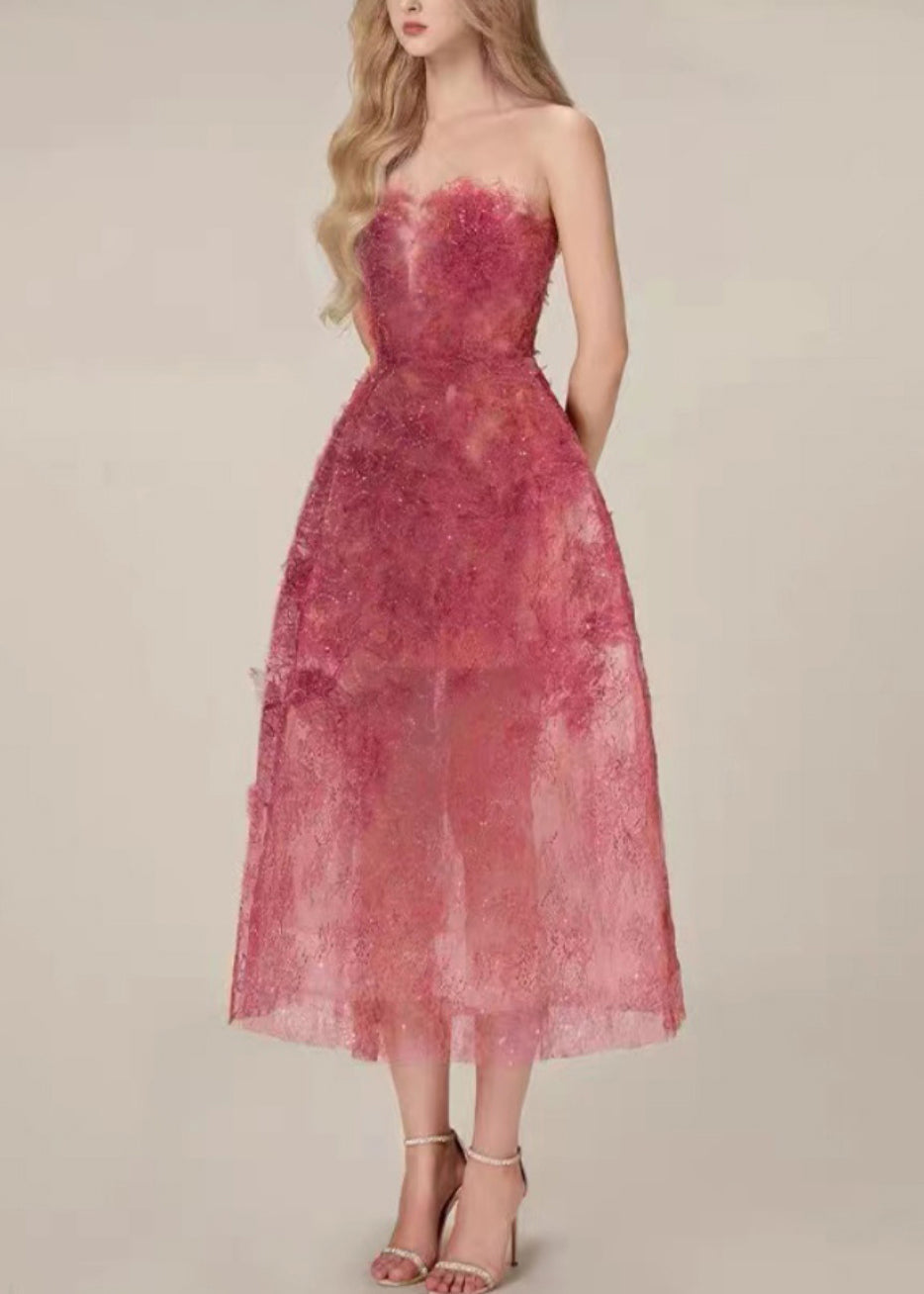 Strapless 3D Floral Lace Feathered Edge Sheer Layered A-Line Midi Gown