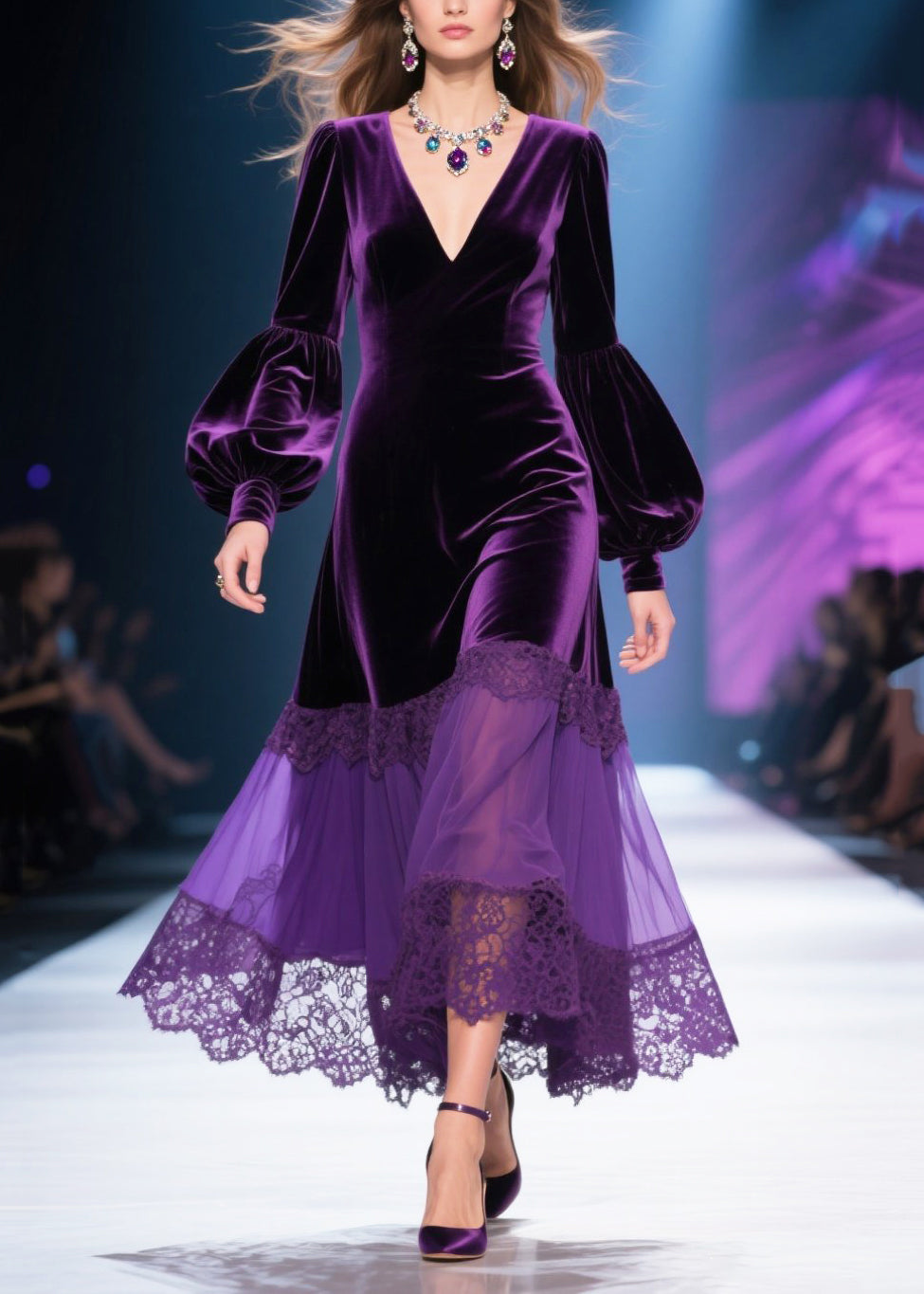 Deep V-Neck Bishop Sleeve Velvet Lace Panel Tiered Sheer Midi Dress