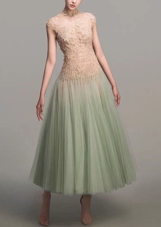 Mock Neck Lace Embroidered Cap Sleeve Pleated Tulle Midi Dress