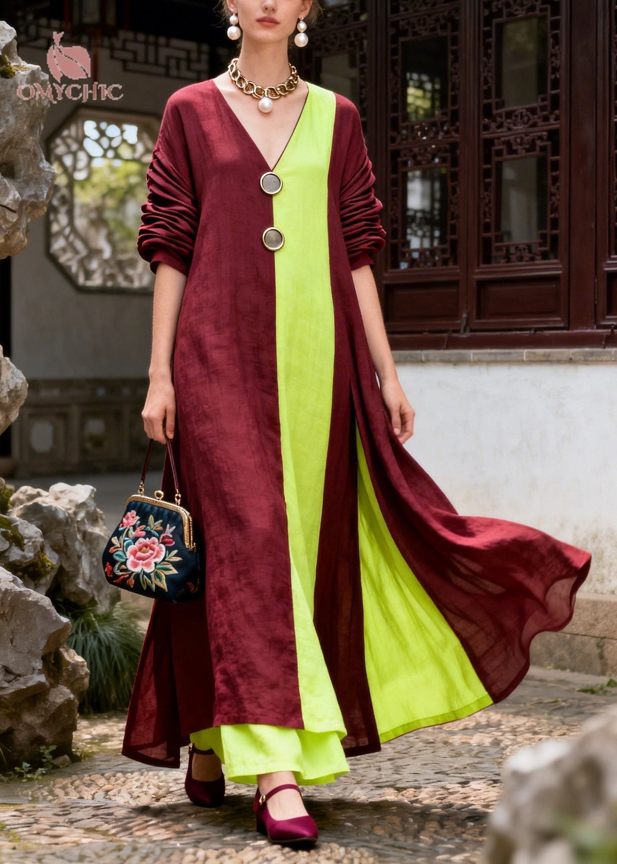 Asymmetrical Patchwork Frog Button Cotton Maxi Dress 3
