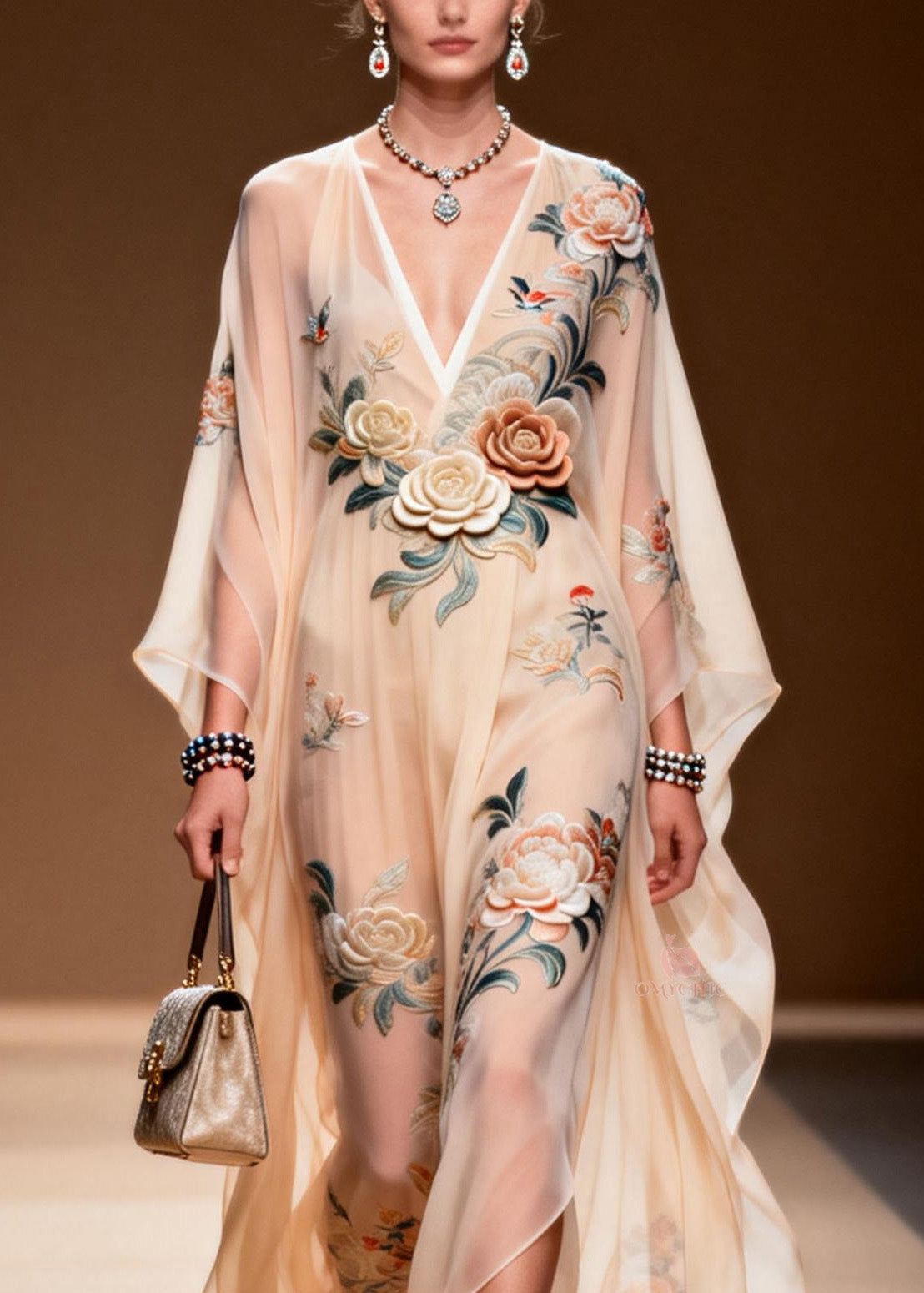 Deep V-Neck Wide Sleeve 3D Floral Bird Embroidery Sheer Chiffon Kaftan Maxi Dress 2