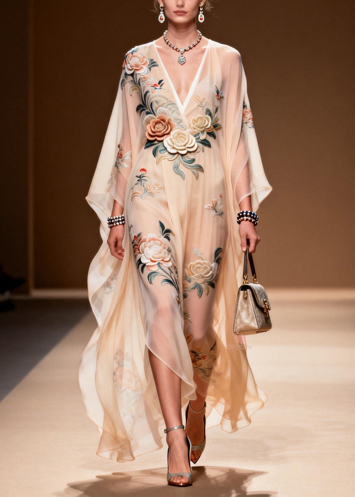 Deep V-Neck Wide Sleeve 3D Floral Bird Embroidery Sheer Chiffon Kaftan Maxi Dress 3
