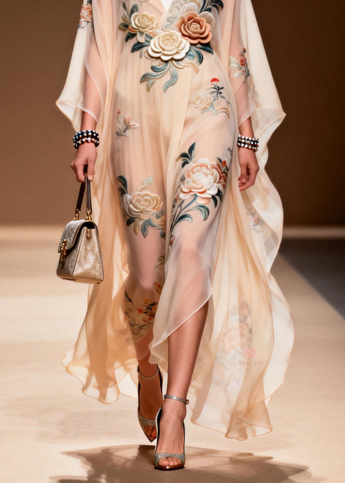 Deep V-Neck Wide Sleeve 3D Floral Bird Embroidery Sheer Chiffon Kaftan Maxi Dress 4