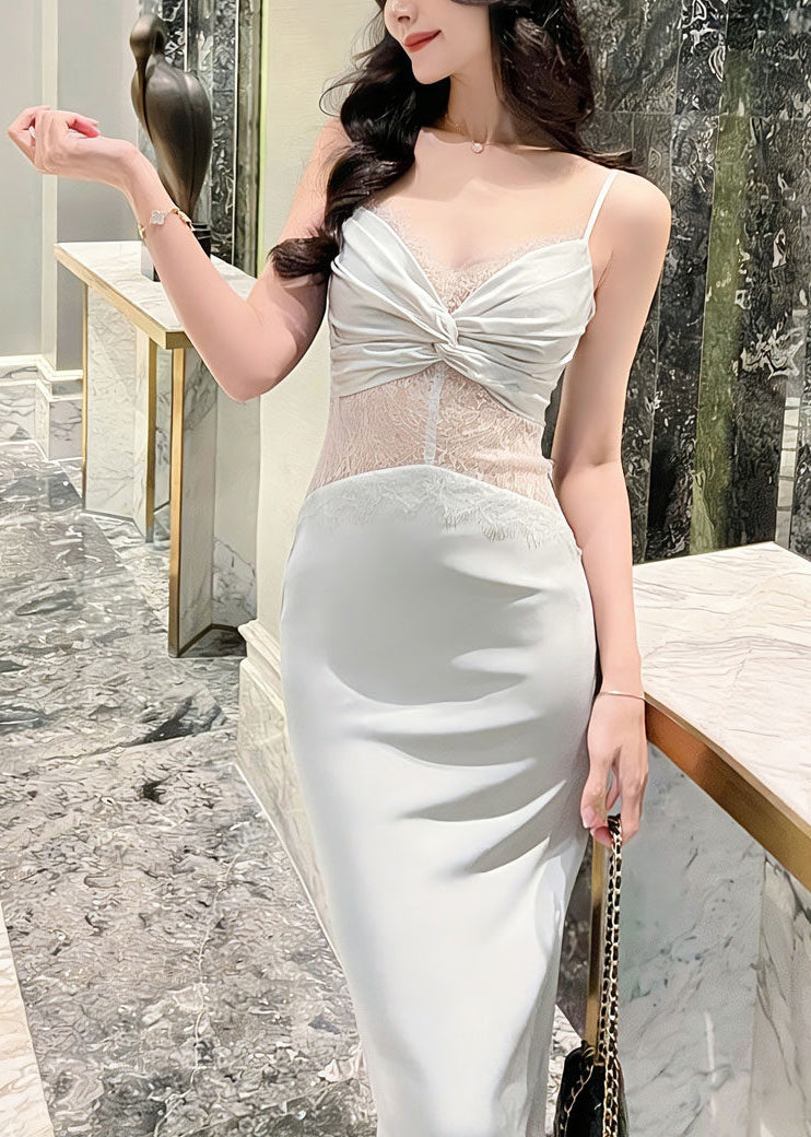 Lace Panel Twisted Sweetheart Spaghetti Strap Bodycon Midi Dress