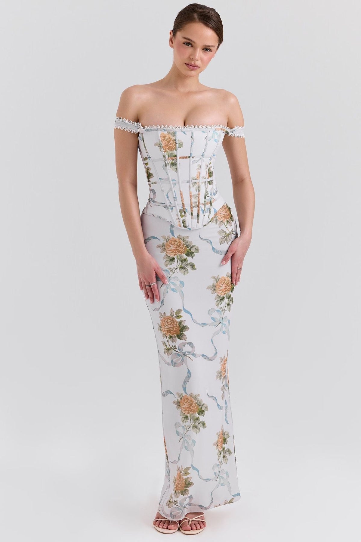 Off Shoulder Lace Trim Corset Floral Print Maxi Dress