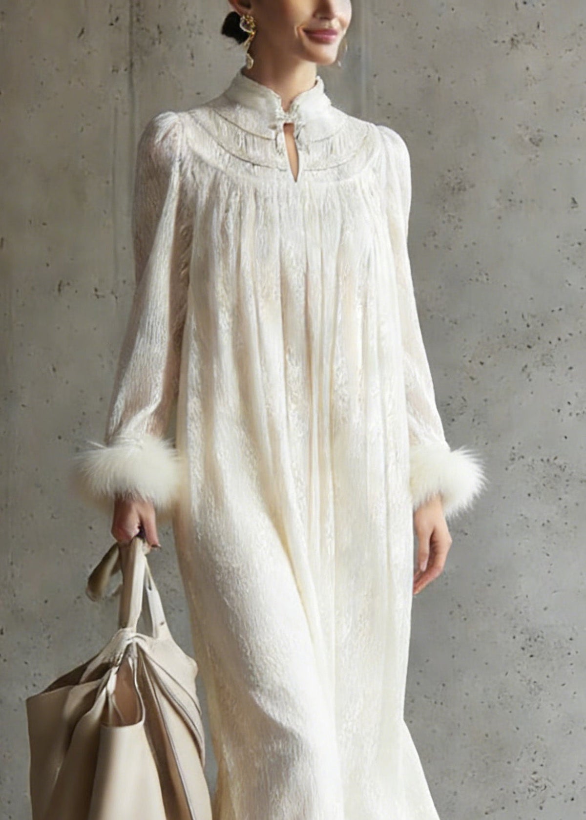Mandarin Collar Keyhole Faux Fur Cuff Crinkle Texture Trapeze Midi Dress 2