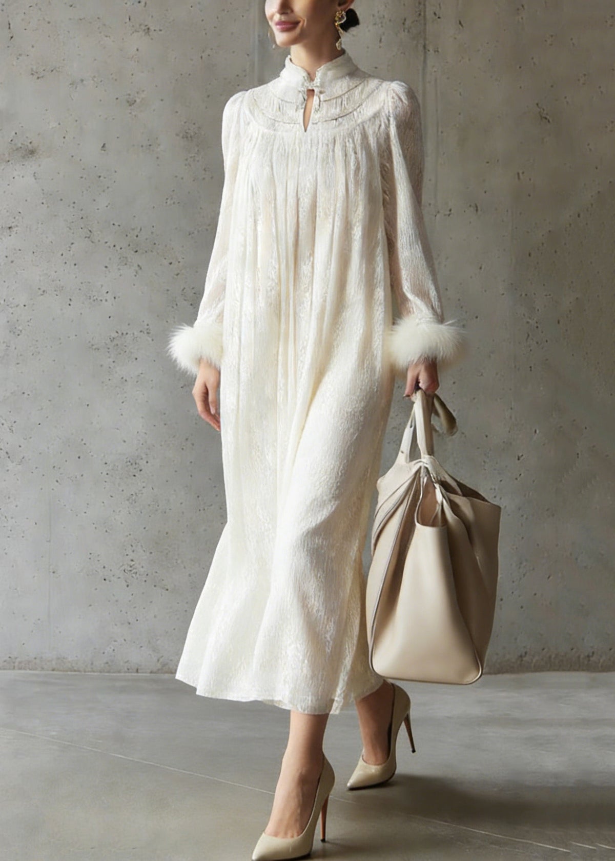 Mandarin Collar Keyhole Faux Fur Cuff Crinkle Texture Trapeze Midi Dress 3