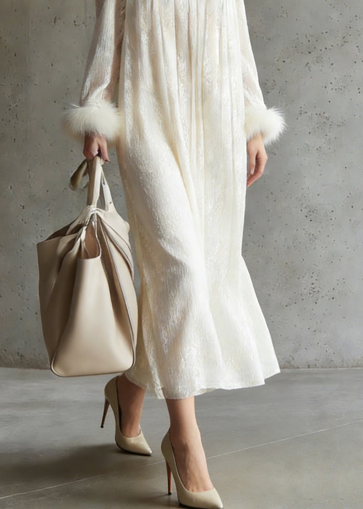 Mandarin Collar Keyhole Faux Fur Cuff Crinkle Texture Trapeze Midi Dress 4