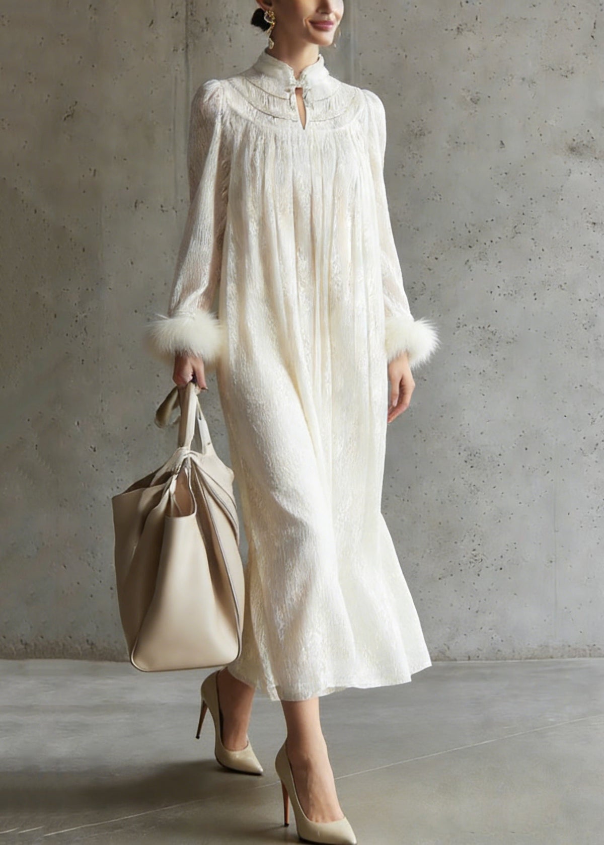 Mandarin Collar Keyhole Faux Fur Cuff Crinkle Texture Trapeze Midi Dress 5