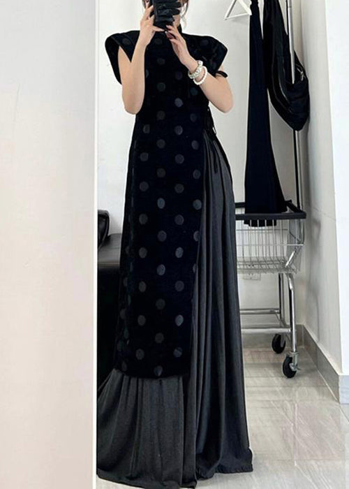 Mandarin Collar Polka Dot Asymmetrical Pleated Skirt Set 2