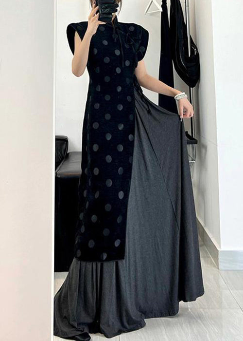 Mandarin Collar Polka Dot Asymmetrical Pleated Skirt Set 3