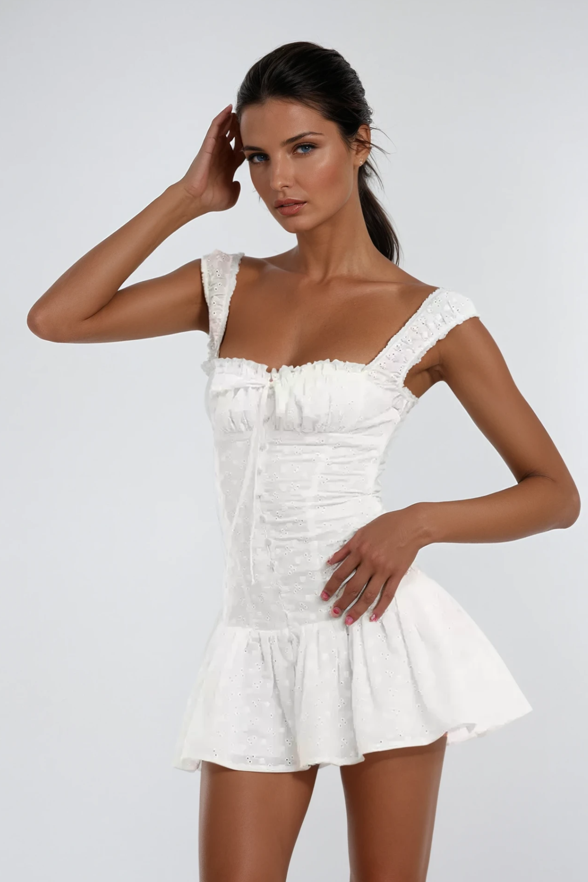 Off Shoulder Eyelet Lace Corset Button Front Ruffle Mini Dress 3
