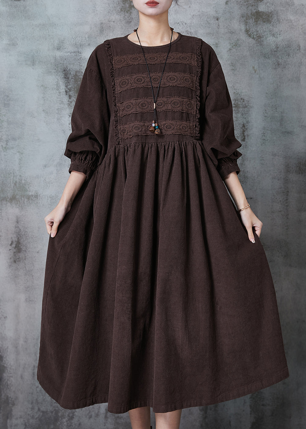 Crew Neck Crochet Lace Panel Empire Waist Corduroy Midi Dress