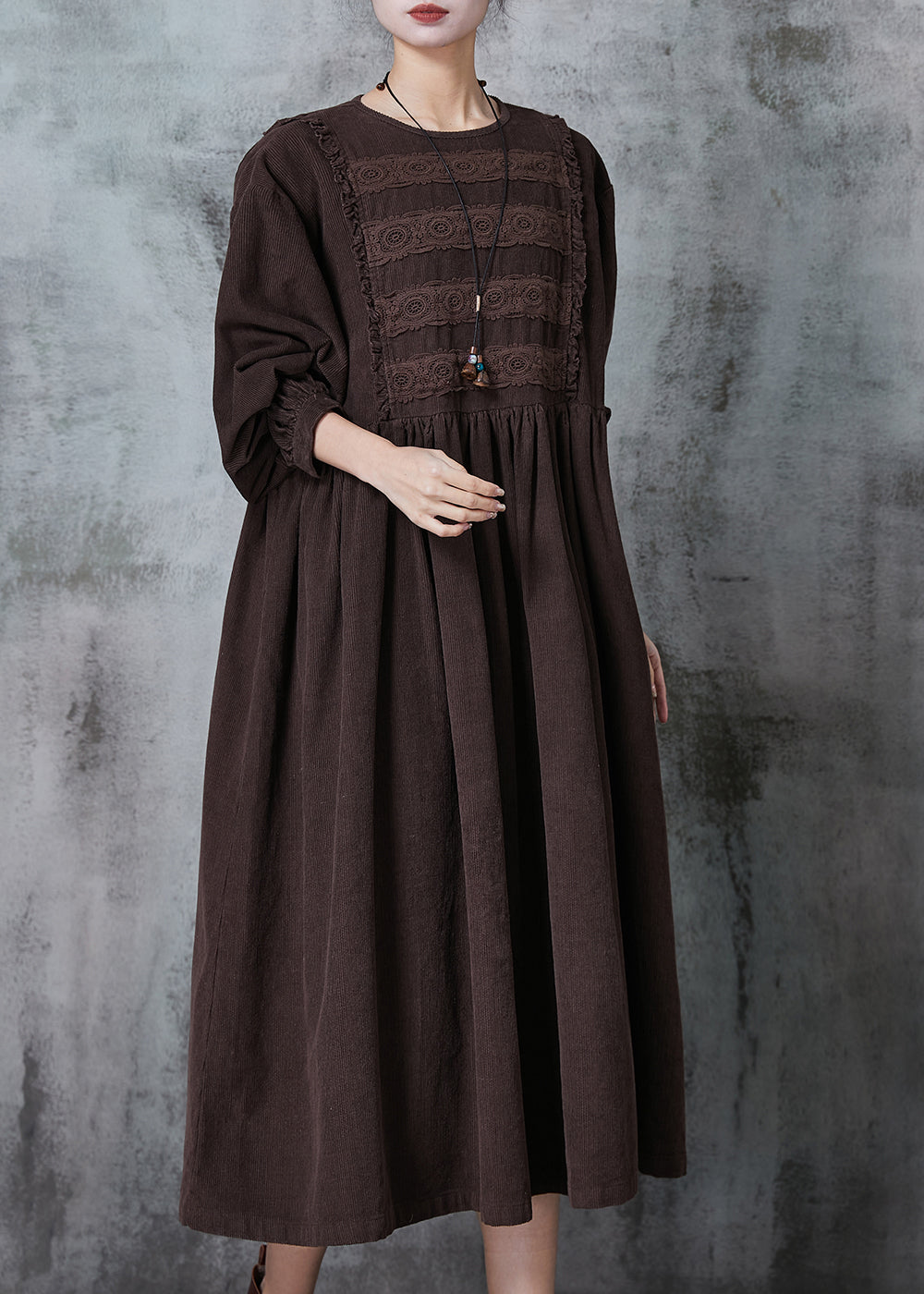 Crew Neck Crochet Lace Panel Empire Waist Corduroy Midi Dress 3