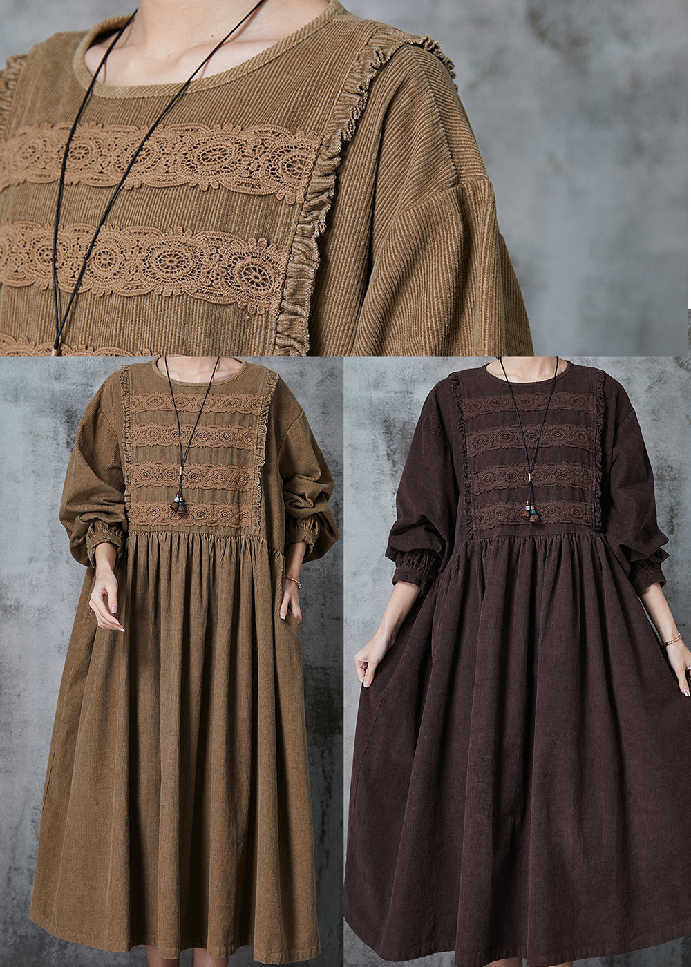 Crew Neck Crochet Lace Panel Empire Waist Corduroy Midi Dress 5
