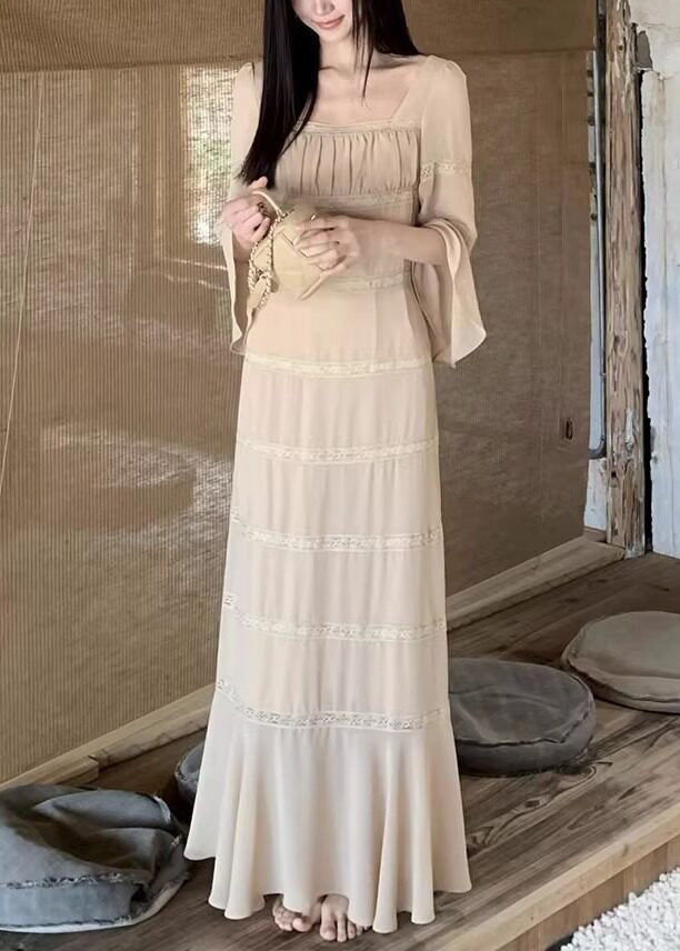 Square Neck Bell Sleeve Tiered Lace Band Maxi Dress