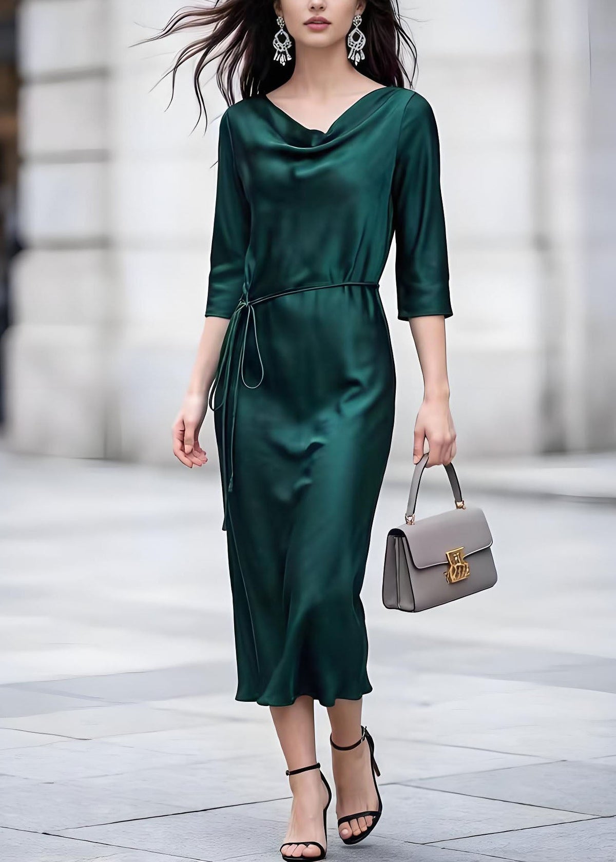 Cowl Neck Three-Quarter Sleeve Tie Waist Satin Midi Dress 3