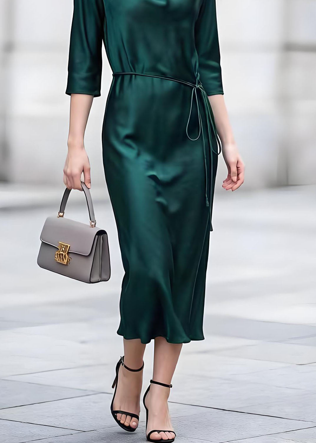 Cowl Neck Three-Quarter Sleeve Tie Waist Satin Midi Dress 4