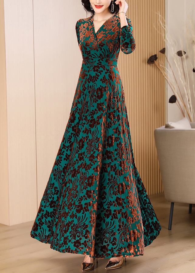 Surplice V-Neck Three-Quarter Sleeve Floral Burnout Pleated Full Skirt Gown 3