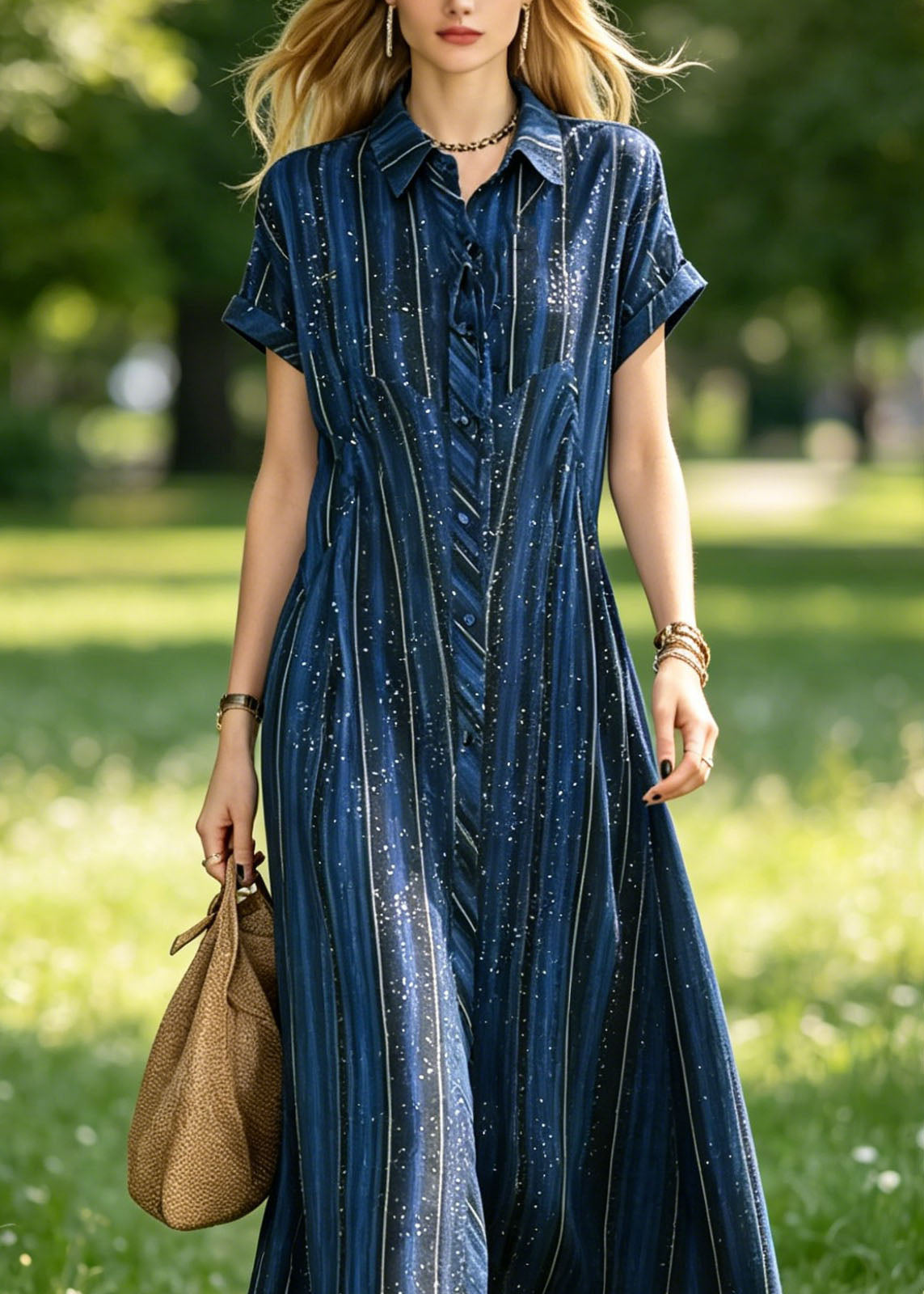 Point Collar Button Front Vertical Stripe Maxi Shirt Dress 2