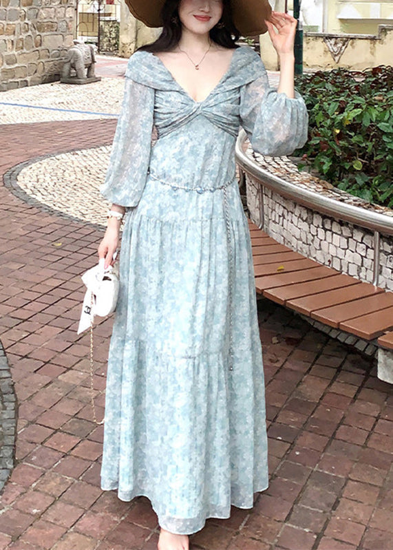 Deep V Ruched Bodice Balloon Sleeve Chain Belt Floral Maxi Dress 2