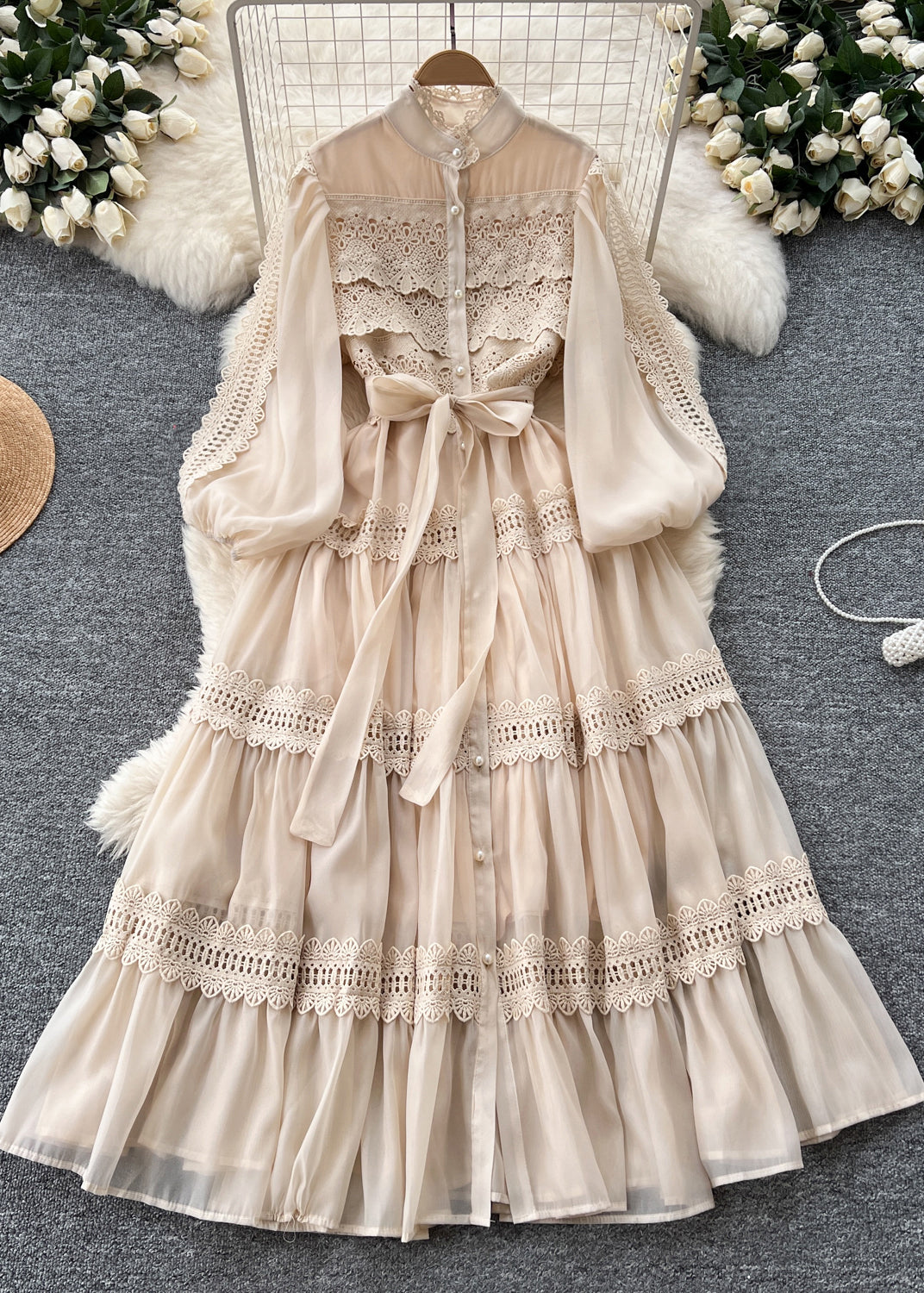 Mandarin Collar Pearl Button Lantern Sleeve Tiered Lace Maxi Dress