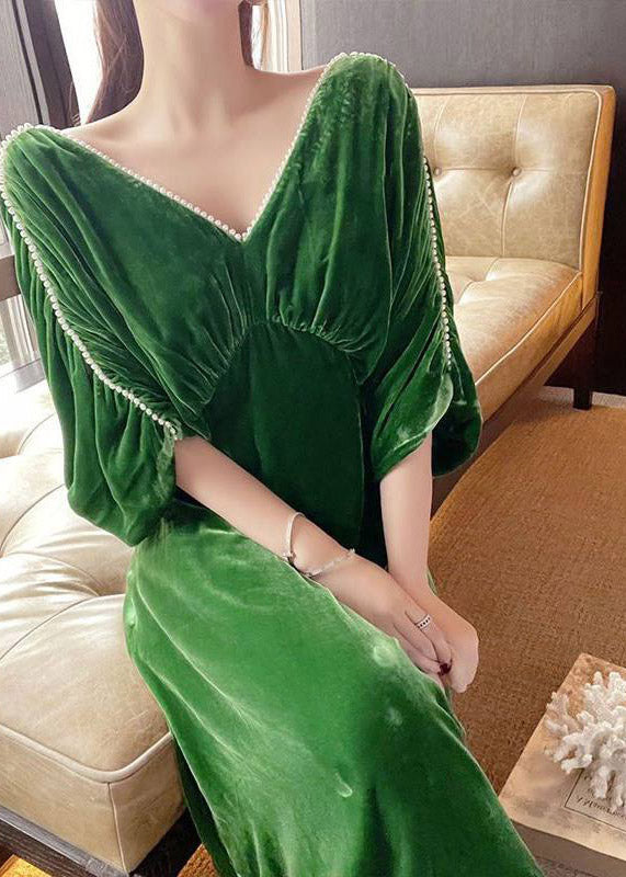 V-Neck Pearl Trim Dolman Sleeve Ruched Empire Waist Velvet Maxi Gown 4