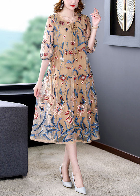 Round Neck Tie Front Puff Cuff Floral Embroidered Mesh Overlay Midi Dress