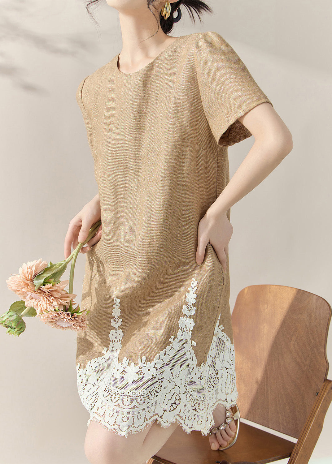 Crew Neck Lace Panel Scalloped Hem Linen Mini Shift Dress 4