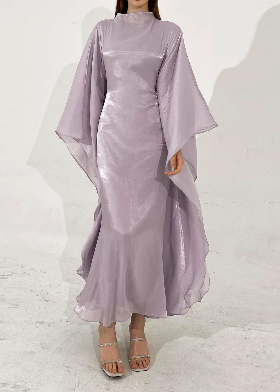 Mock Neck Cape Sleeve Iridescent Lettuce Hem Maxi Dress