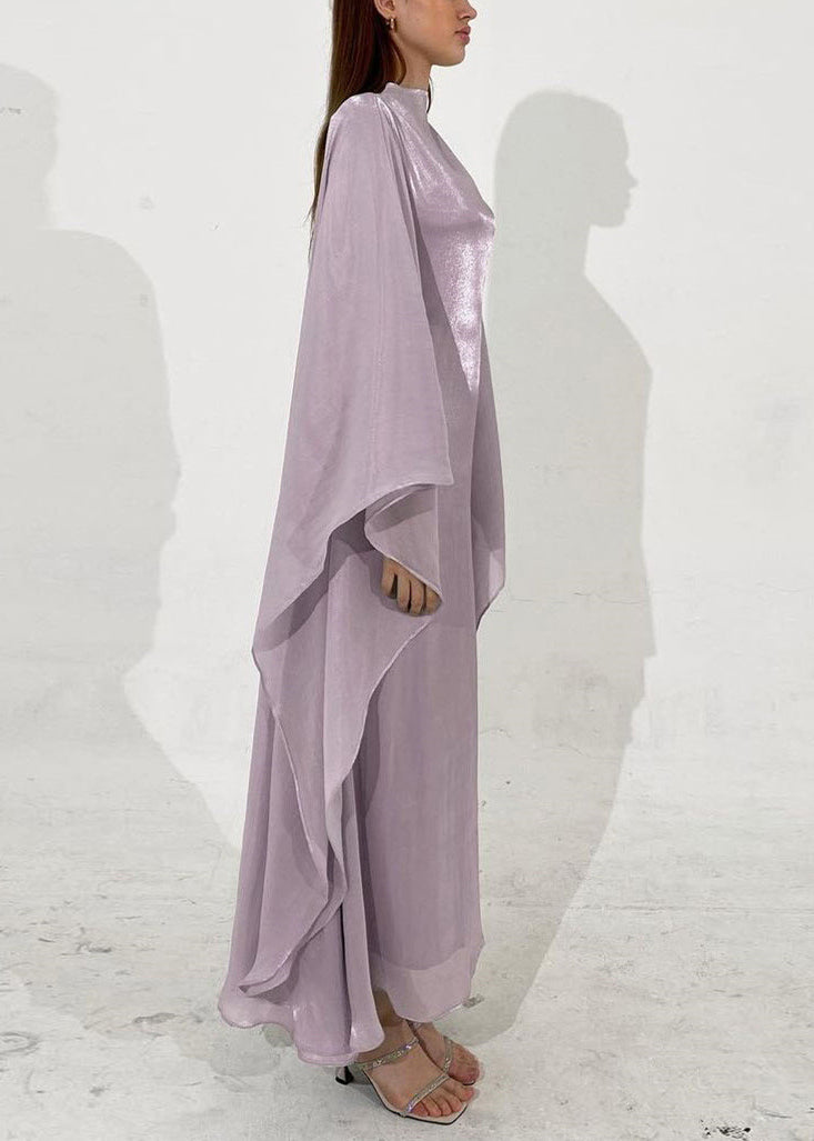 Mock Neck Cape Sleeve Iridescent Lettuce Hem Maxi Dress 3
