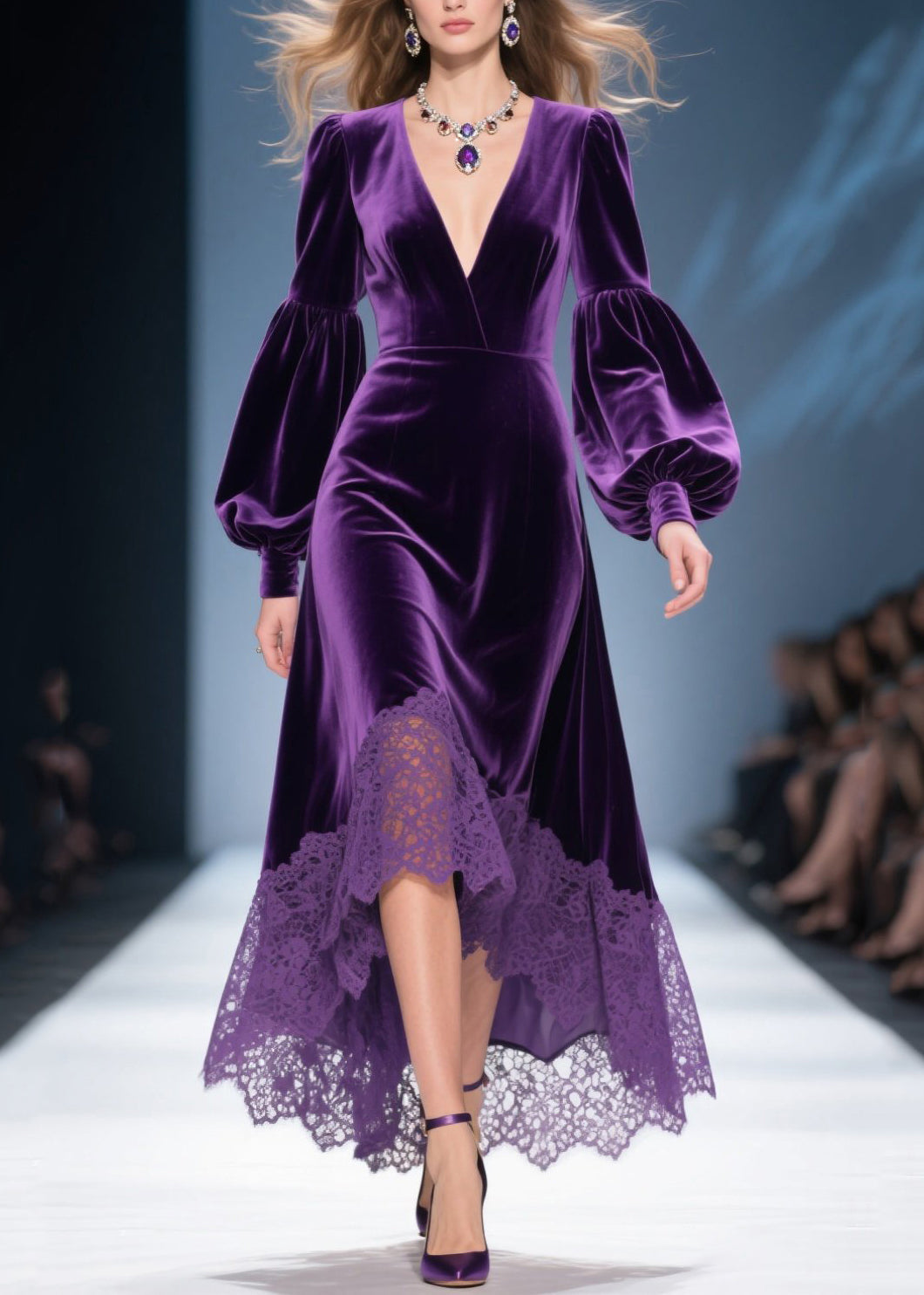 Deep V-Neck Bishop Sleeve Velvet Asymmetrical Lace Trim Midi Dress