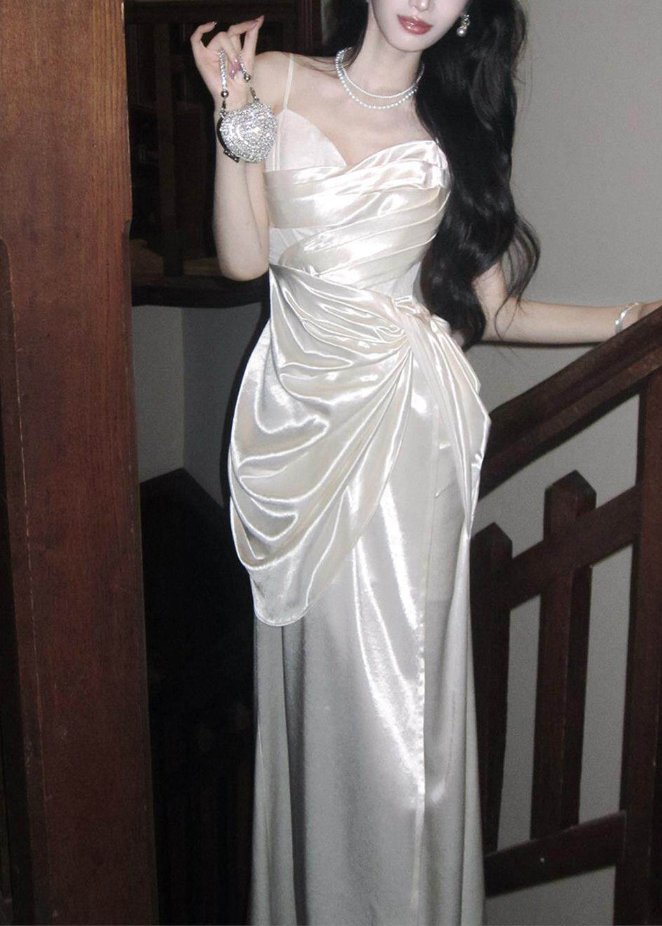 Ruched Draped Waist Spaghetti Strap Satin Maxi Gown