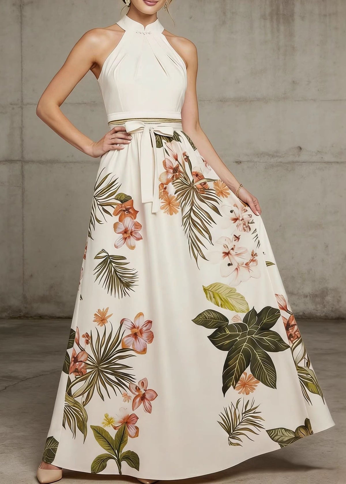 Halter Neck Tropical Floral Print Bow Waist Maxi Gown