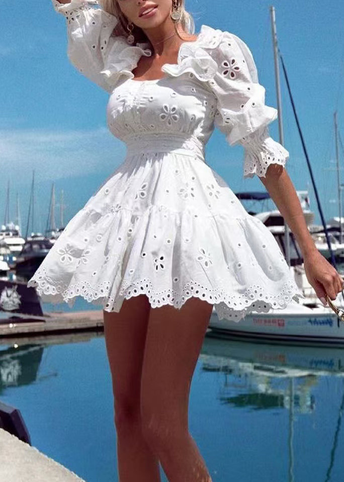 Square Neck Puff Sleeve Smocked Cuff Eyelet Lace Tiered Mini Dress