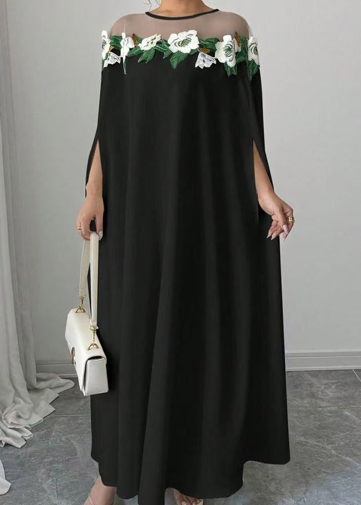 Floral Applique Illusion Mesh Cape Sleeve Floor-Length Gown 2