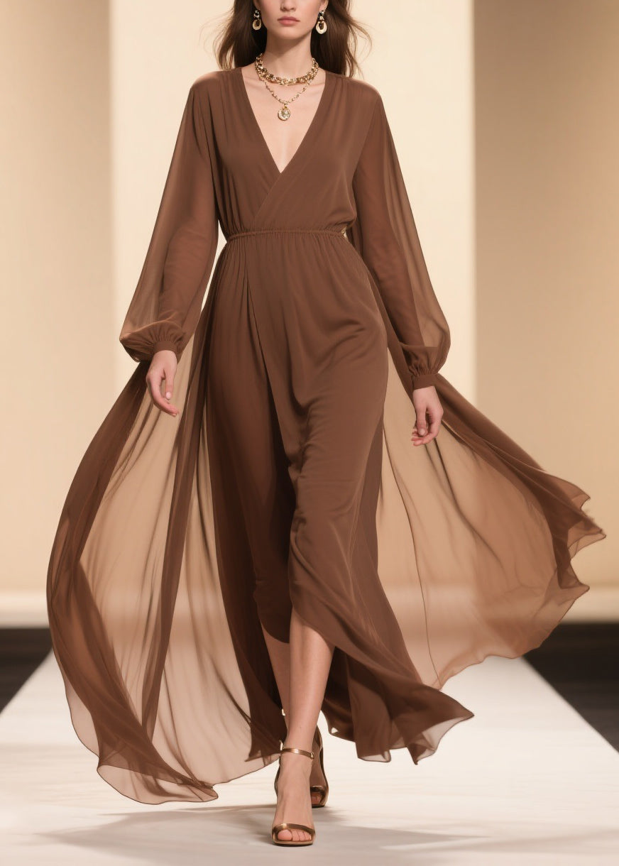 Deep V-Neck Lantern Sleeve Sheer Wrap High-Slit Maxi Gown 3